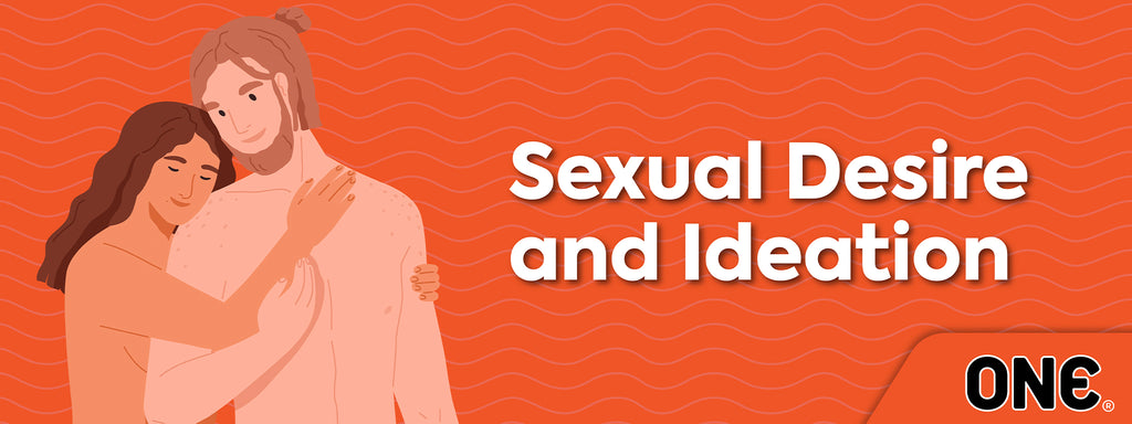 image of two people cuddling with an orange background with text that reads "sexual desire and ideation".