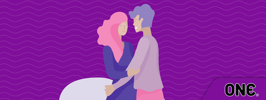 image of two people holding each other with a purple background 