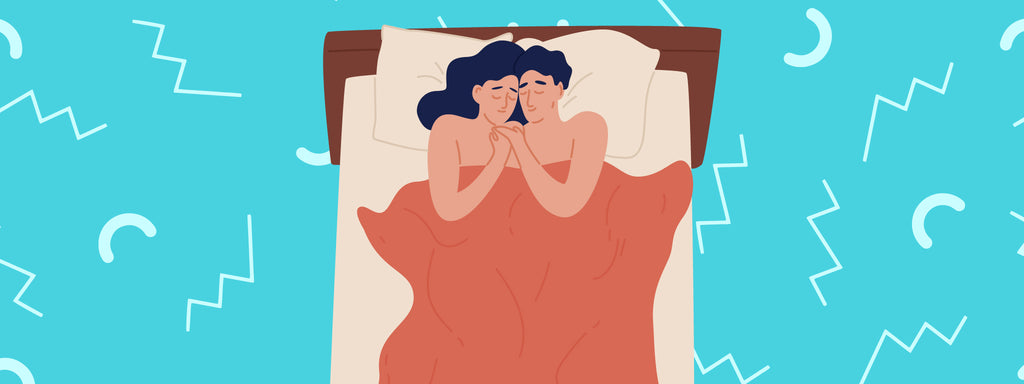 animated image of a couple in bed together on a turquoise background
