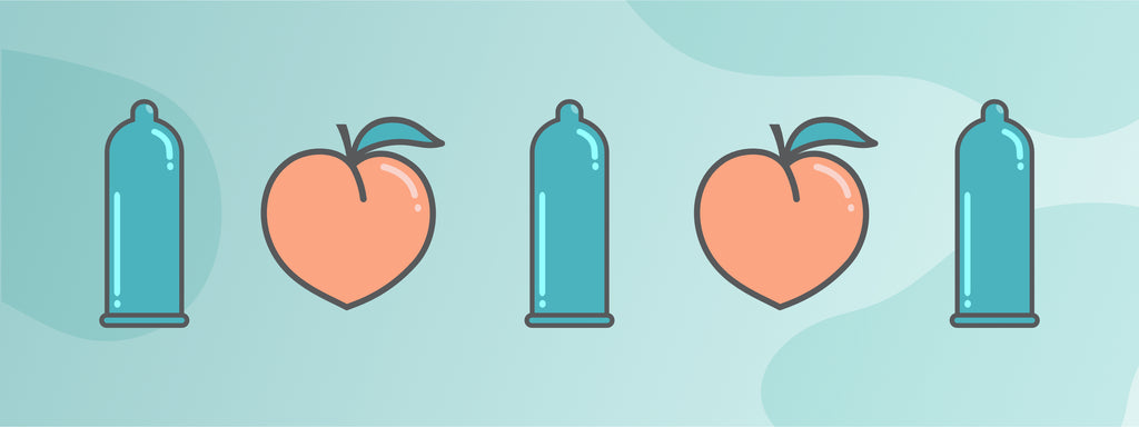 A condom and a peach alternating in a step and repeat design. 