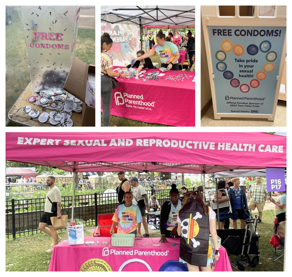 Photos from Planned Parenthood Pride, with condom photos, people photos, and Planned Parenthood banners. 