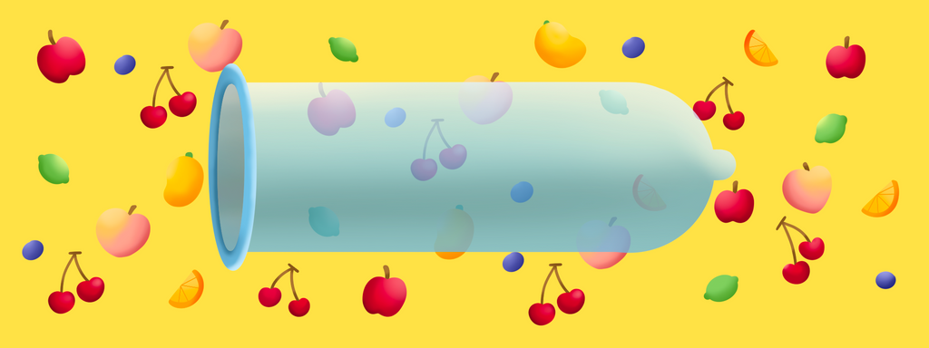 Image of a condom with various fruit around it on a yellow background