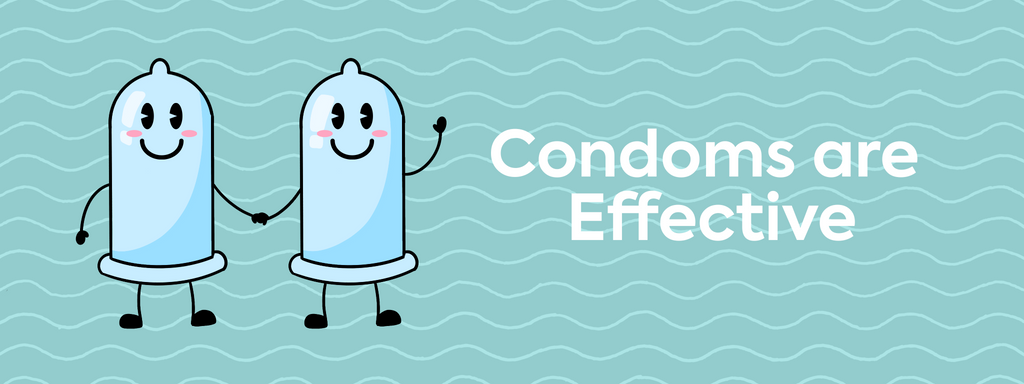 Image of two cartoonized condoms holding hands with a teal background with the text "Condoms are Effective"