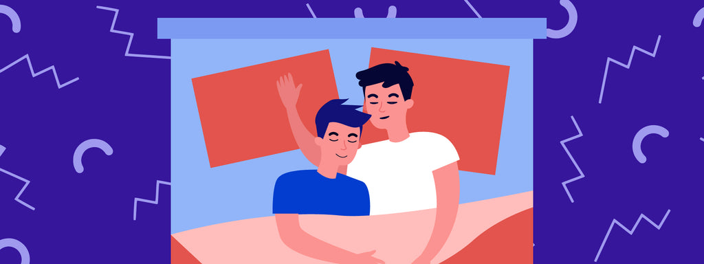 Image of two animated people cuddling in bed on a dark purple background