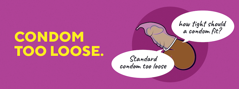 A cartoon penis with the text "Condom Too Loose". The condom is slipping off the penis. The penis has two text bubbles, saying "Standard condom too loose" and "how tight should a condom fit?"
