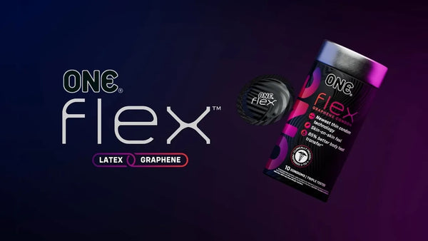 ONE Flex graphene condom packaging tube with a round ONE Flex condom wrapper.