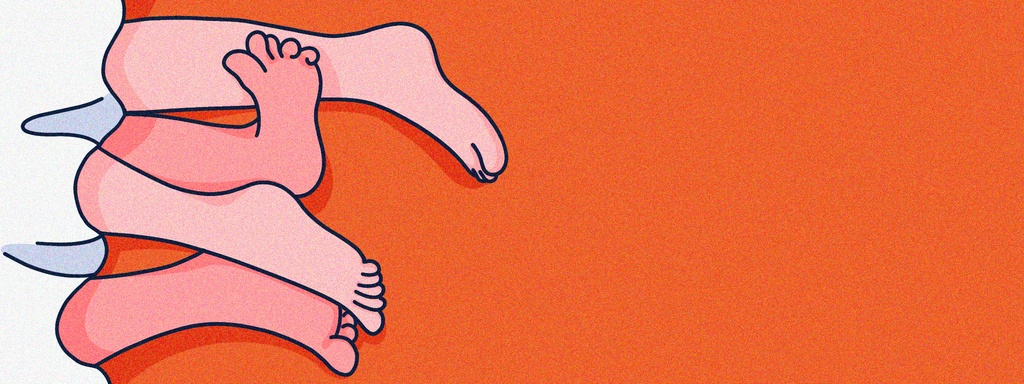 Suggestive image of two people in bed with only their feet showing on a orange background