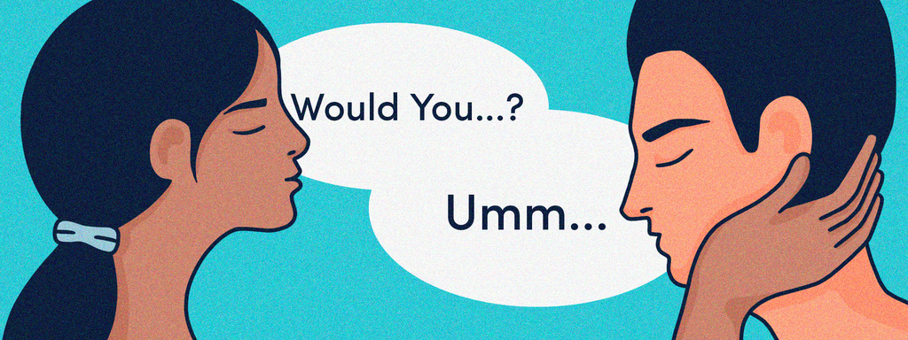 Image of two people with speech bubbles initiating a conversation with a teal background