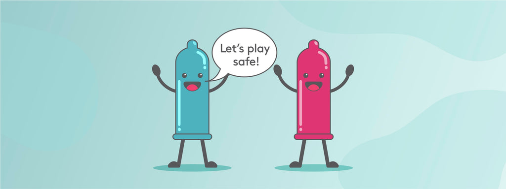 Two cartoon condoms with their animated arms in the air, with a text bubble that says, "Let's play safe!"