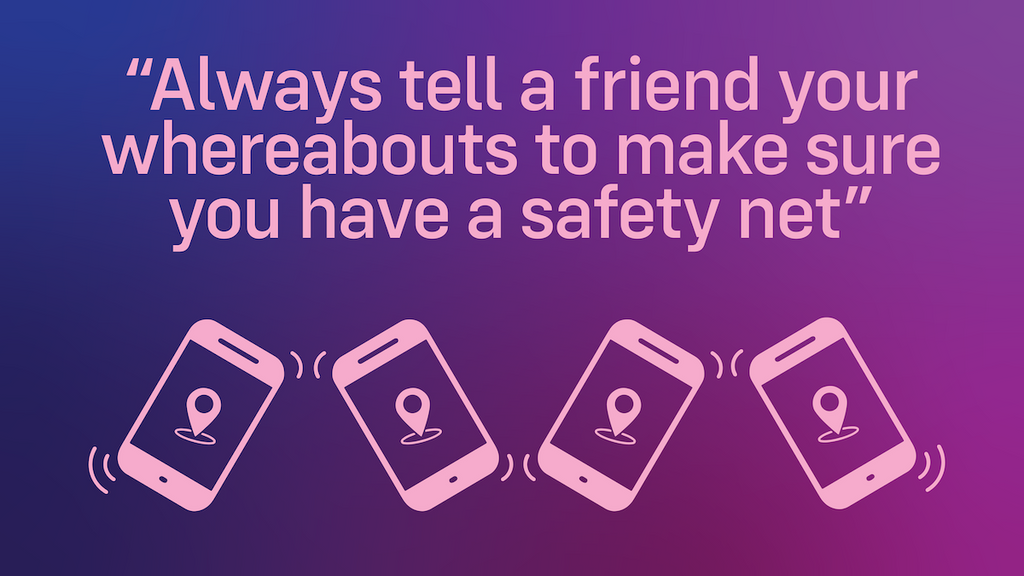 Image that reads "always tell your friends about your whereabouts for safety"