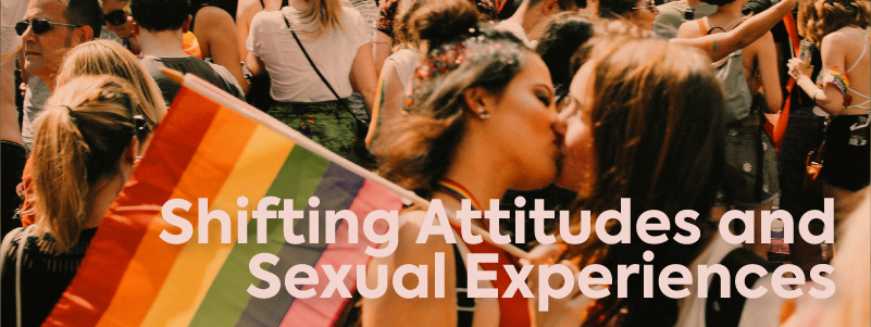 Image of two people kissing at pride with the text that reads "Shifting attitudes and sexual experiences"