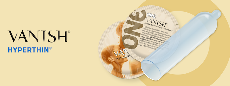The text ONE® Vanish Hyperthin Condom with an image of the thin condom and its wrapper.
