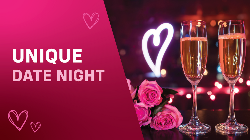 Gradient pink image with champagne fluted and text that reads: "Unique Date Night"