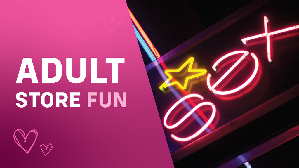 Gradient pink image with neon lights and text that reads "Adult store fun"