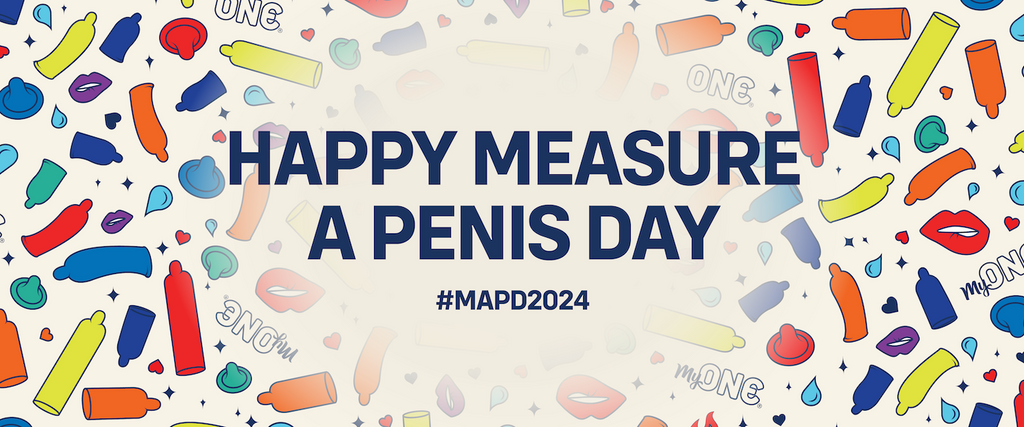 Happy Measure a Penis Day banner with colorful condom confetti and #MAPD24
