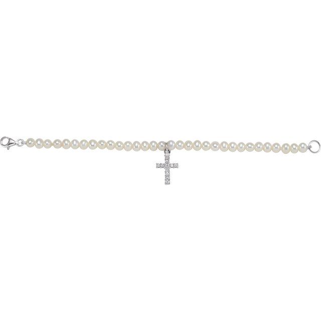 Sterling Silver Freshwater Pearl & Cubic Zirconia Cross 5.5" Bracelet Stuller 