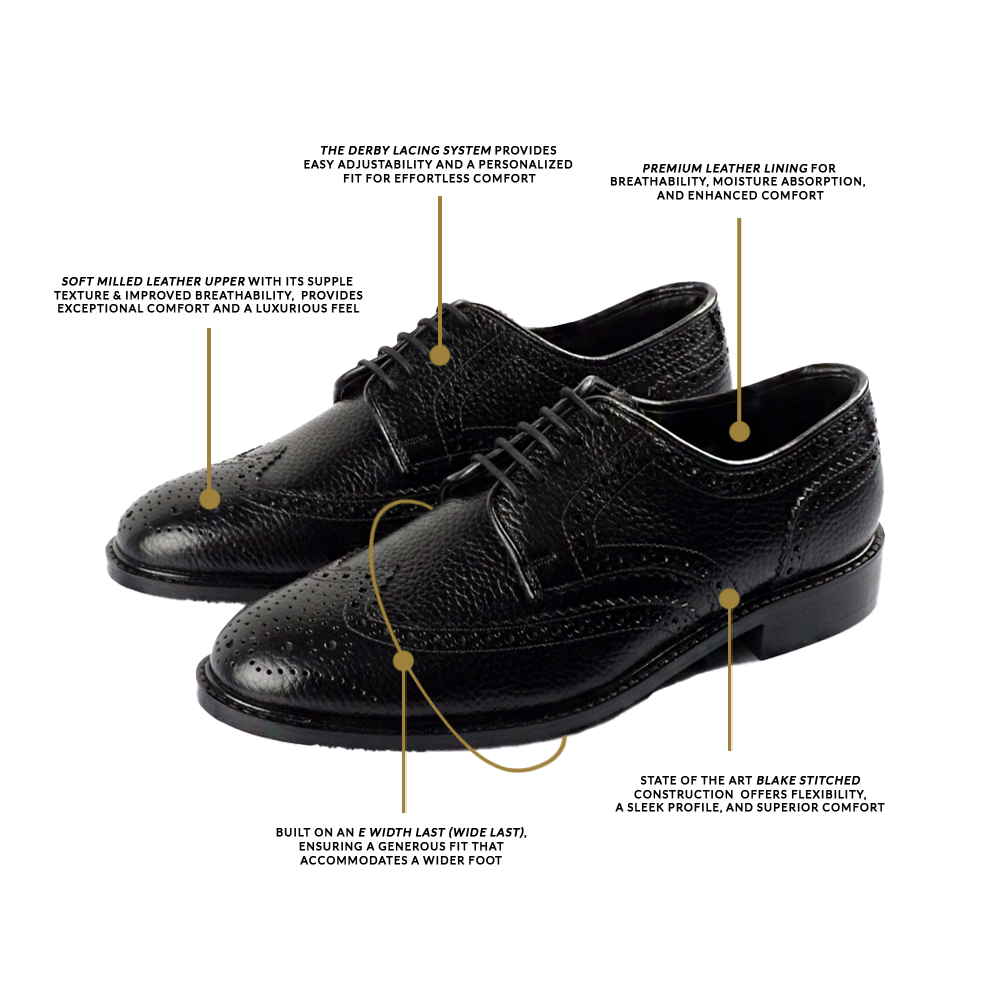 Pelle Santino - Wide last Full Brogue Derby Black - Milled leather - for wide broad feet