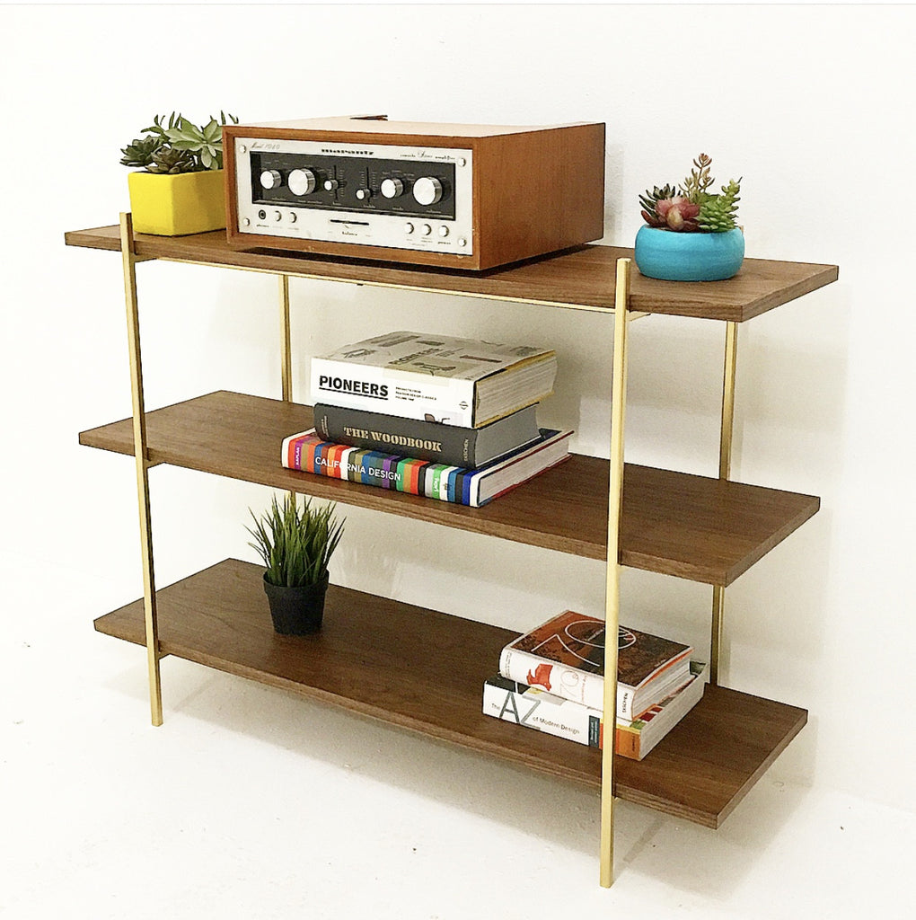 Mid Century Style Walnut Gold Low Shelf Mid Century La