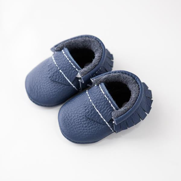 navy blue baby moccasins