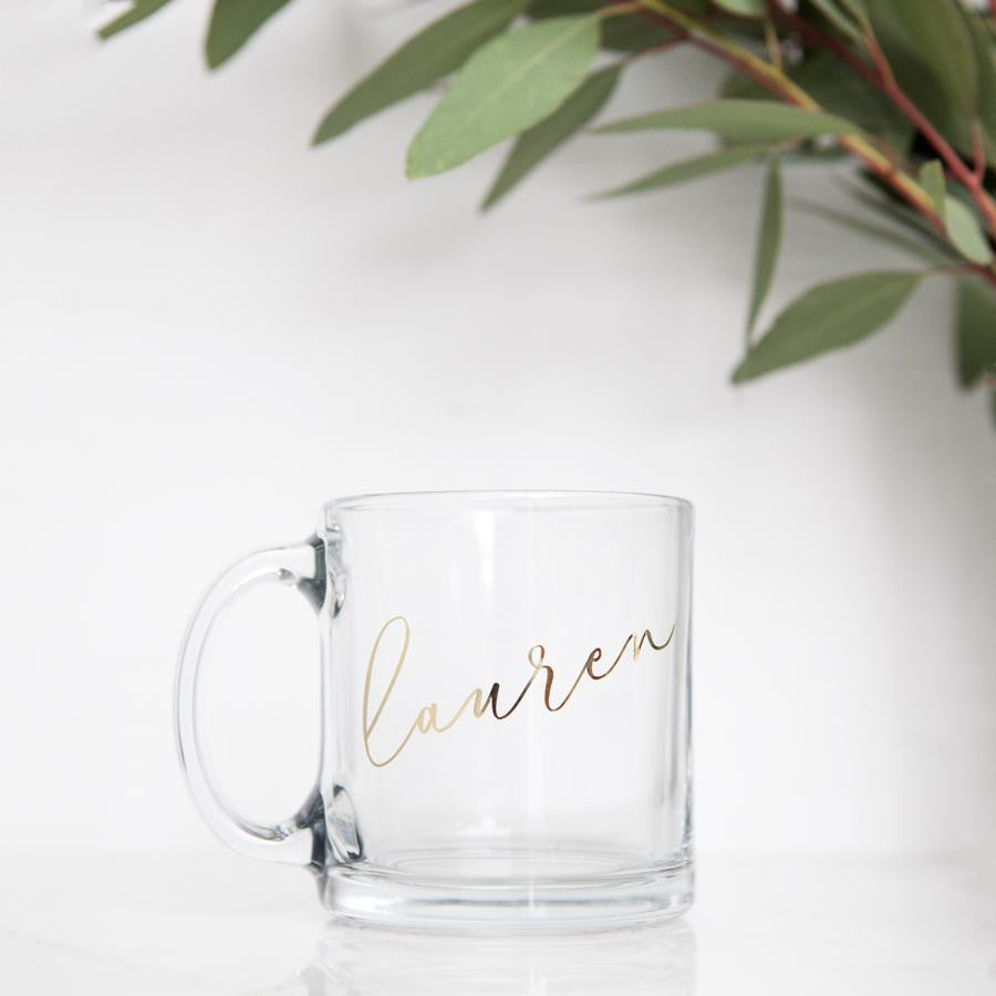 Custom Bridesmaid Clear Glass Mug, Personalized Coffee Cup With