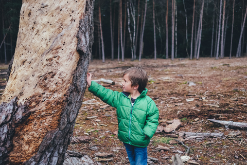 A picture of a stylish kid with his hand on a tree