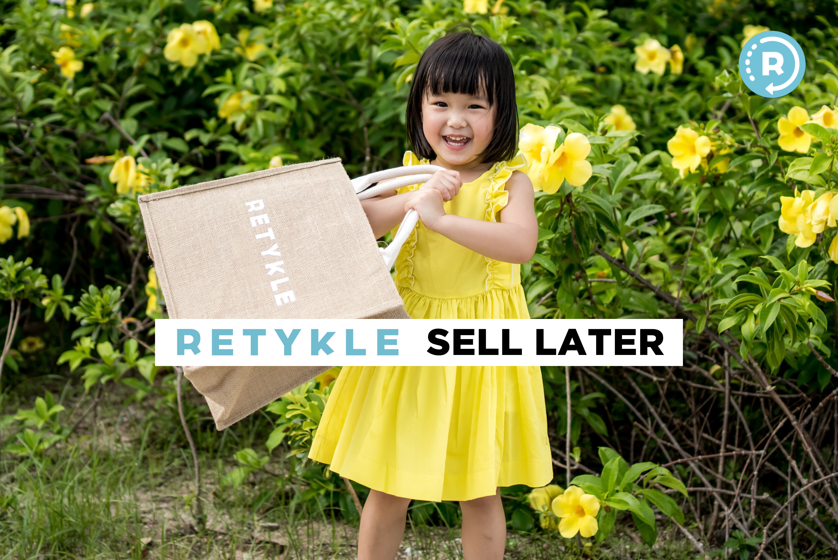 Girl wearing yellow dress holding Retykle bag. Has Retykle Sell Later sign. 
