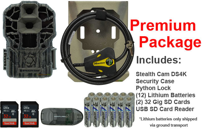 Premium Package for the Stealth Cam DS4K Max includes 2 32gb SD cards, USB SD card reader, batteries, python cable lock, and security case width="650" height="420"