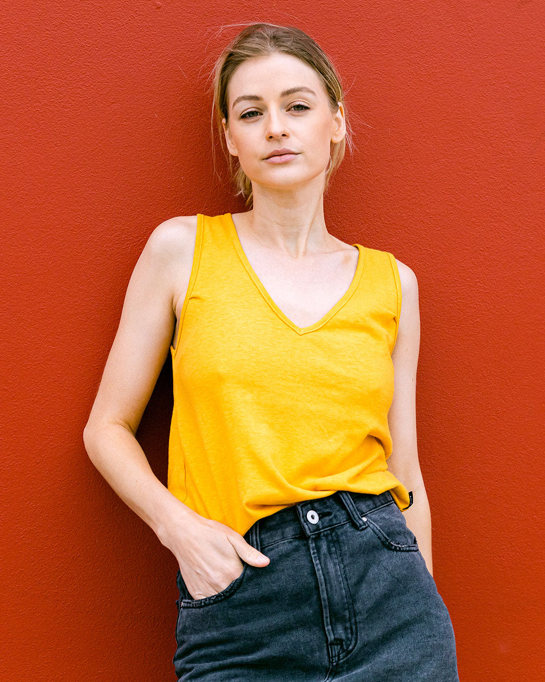 The Relaxed Deep V Tank for Women in limited edition Marigold. Custom made to fit your body with Magic Fit® | Citizen Wolf