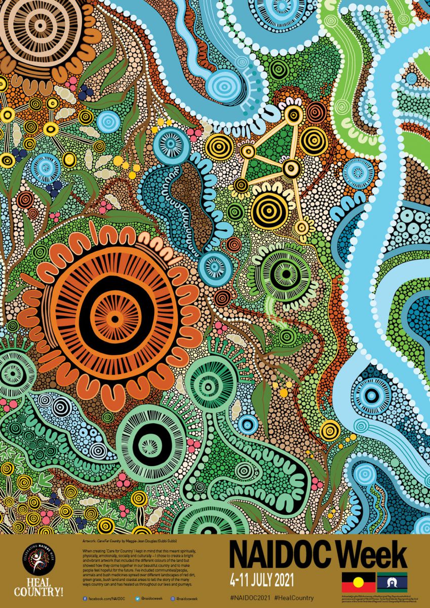 2021 National NAIDOC Poster – Maggie-Jean Douglas ‘Care for Country’. The 2021 National NAIDOC Poster incorporating the Aboriginal Flag (licensed by WAM Clothing Pty Ltd) and the Torres Strait Islander Flag (licensed by the Torres Strait Island Council).