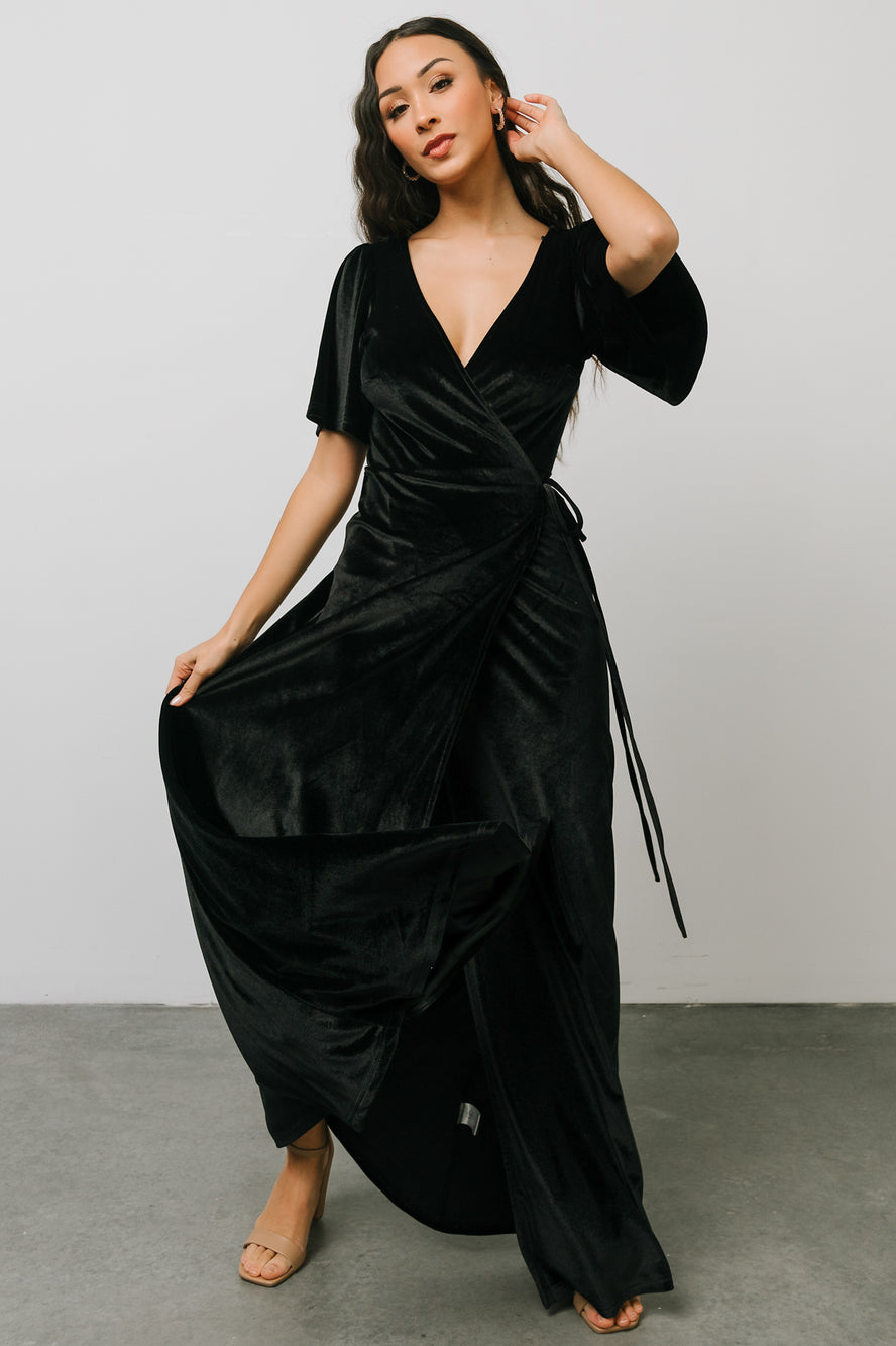 Meghan Velvet Wrap Maxi Dress | Black | Baltic Born