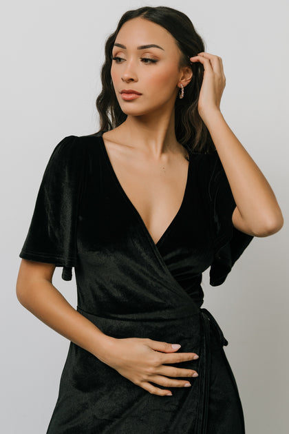 Meghan Velvet Wrap Maxi Dress | Black | Baltic Born