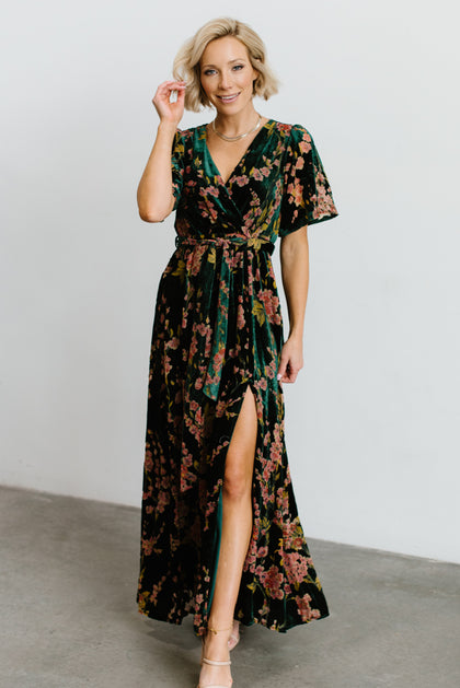 Uma Velvet Maxi Dress | Green Floral | Baltic Born