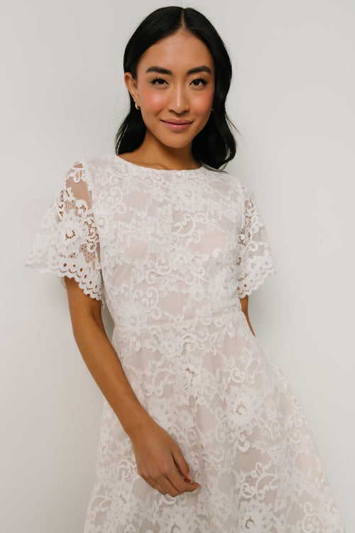Tate Smocked Lace Short Dress, Off White