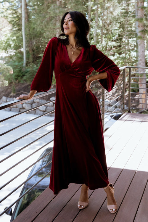 Wine Velvet & Organza A-line Vintage Christmas Dress - Xdressy