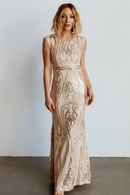 Zurich Long Sleeve Sequin Gown, Rose Gold