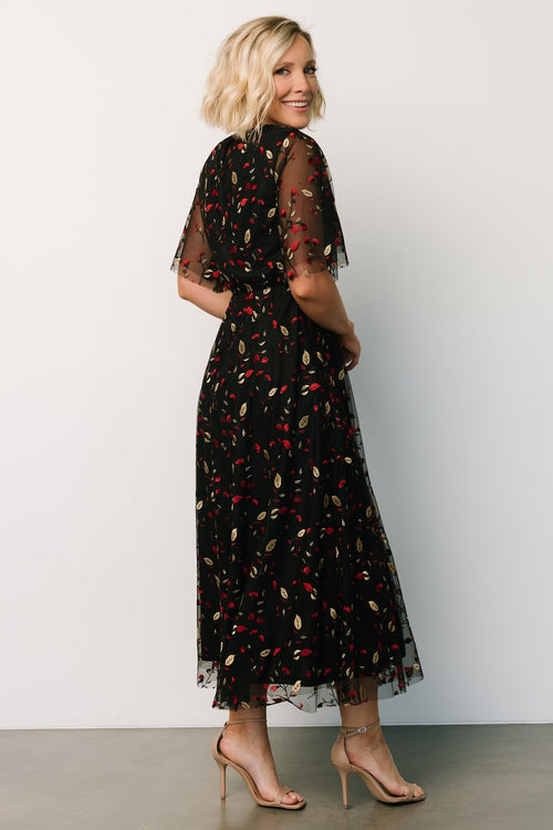 EMBROIDERED TULLE GATHER DRESS - BLACK