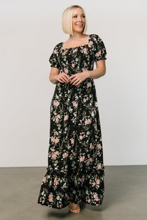 Arabella Embroidered Tulle Maxi Dress, Gold + Black