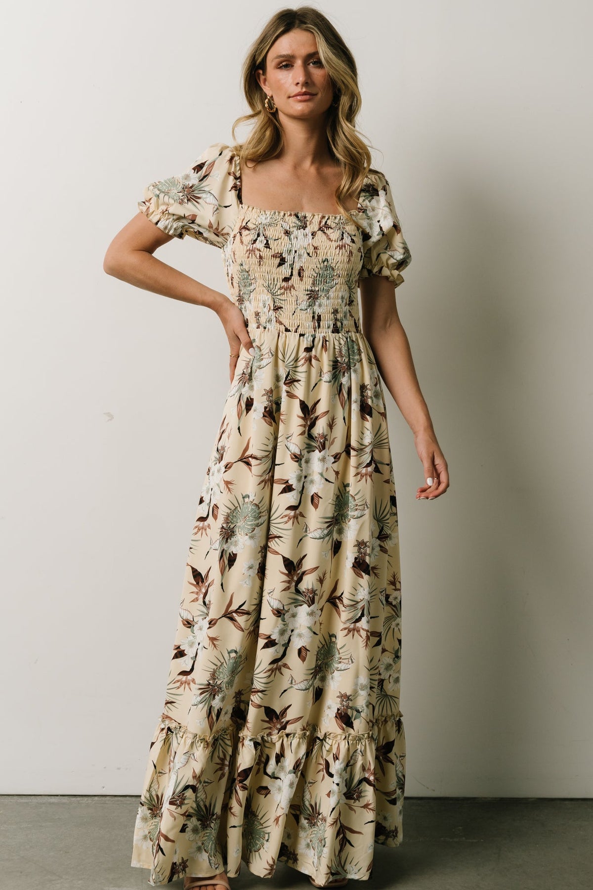 Capri Smocked Maxi Dress | Cream Palm Print | Baltic Born