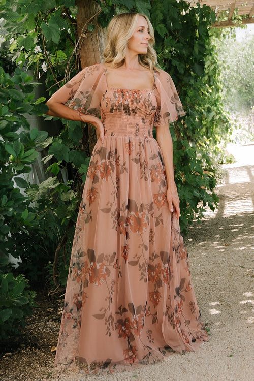 Layla Tulle Maxi Dress, Green + Pink Floral