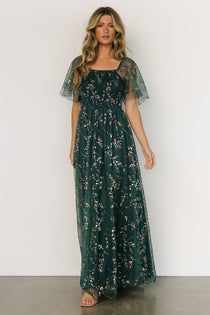 Arabella Embroidered Tulle Maxi Dress, Gold + Black