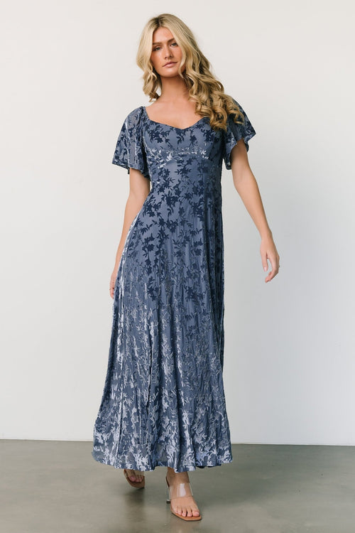 Arabella Embroidered Tulle Maxi Dress, Dusty Blue Floral