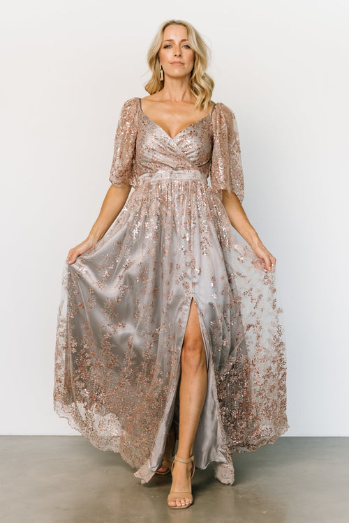 Zurich Long Sleeve Sequin Gown, Rose Gold