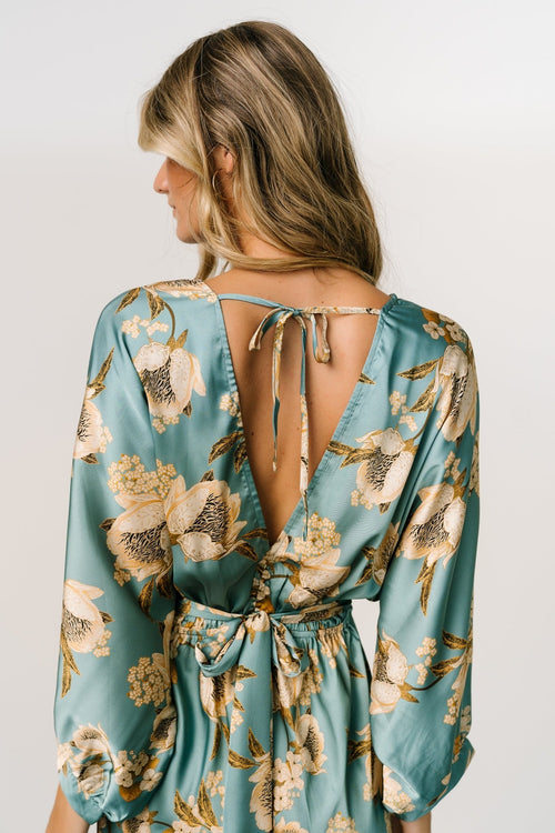 Floral Satin Wrap Long Sleeve Midi Dress - Dusty blue multi frl / XS