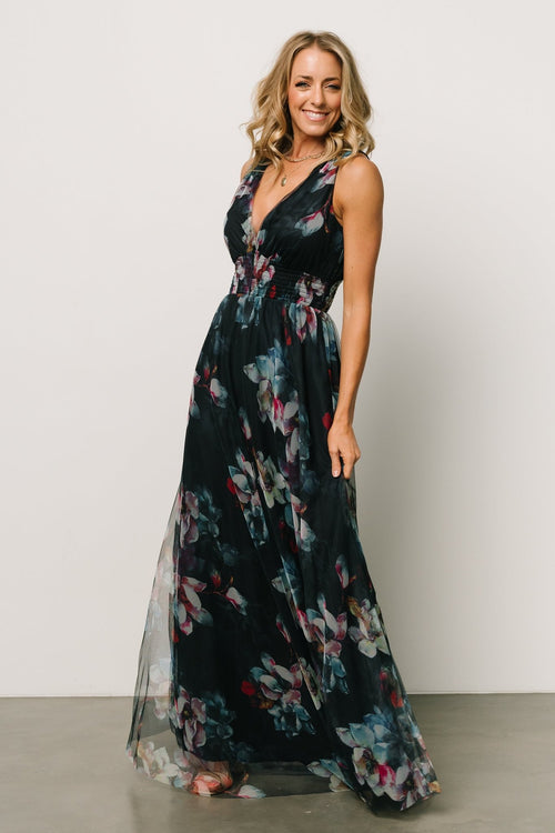 Radiant Fantasy Black Floral Embroidered Tulle Maxi Dress