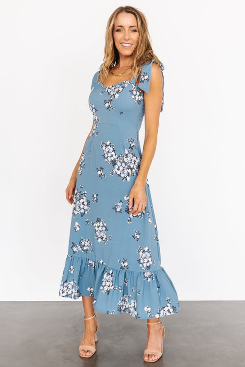 Floral Satin Wrap Long Sleeve Midi Dress - Dusty blue multi frl / XS