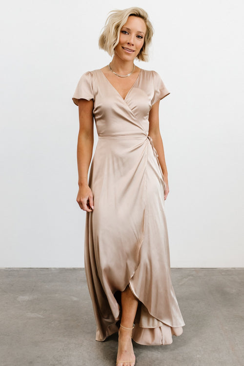 YC Neutral Champagne Satin Midi Dress