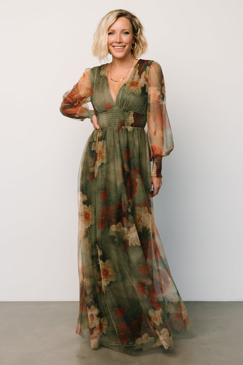 Arabella Embroidered Tulle Maxi Dress | Dark Green Floral