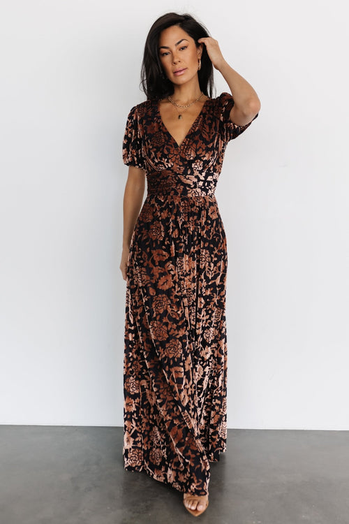 LPA Ona Velvet Burnout Maxi Dress in Black. Size XL, XXS