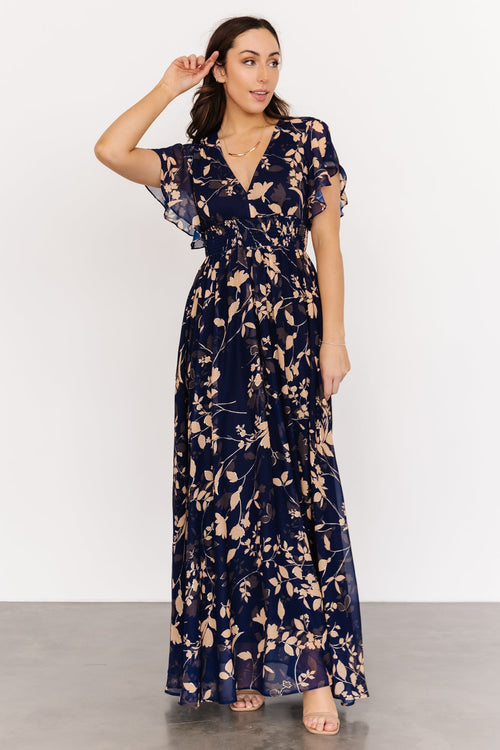 Khalo Maxi Dress In Navy Floral Satin – St Frock