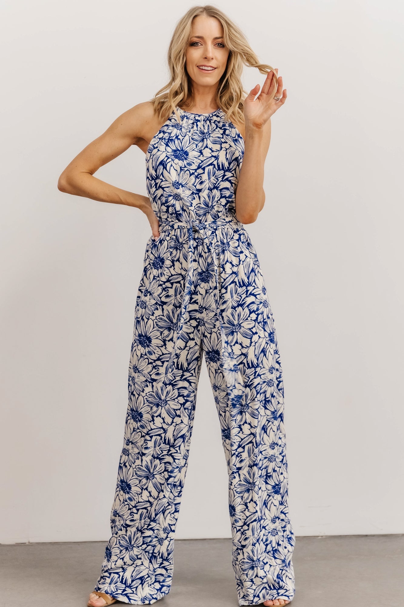 Mallory High Neck Jumpsuit | Off White + Blue Floral | Baltic Born